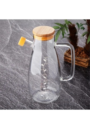 1 Litre Bambu Kapaklı Borosilikat Cam Yağlık Sirkelik