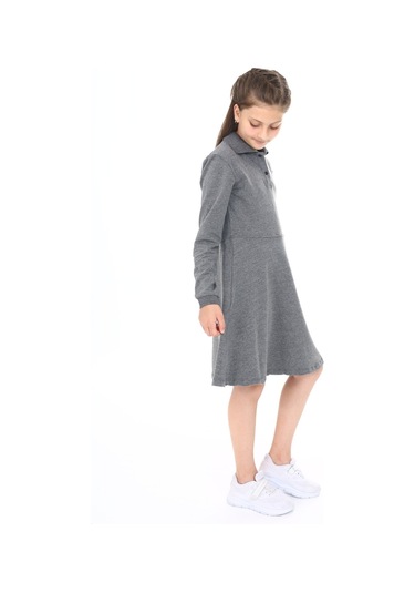 Toontoy Kız Çocuk Polo Yaka Çıtçıtlı Göğsü Baskılı Elbise Antrasit Melanj