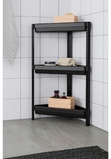 Ahir Ticaret Üçgen Raf Ünitesi 3 Katlı Siyah Köşe Banyo Rafı Siyah