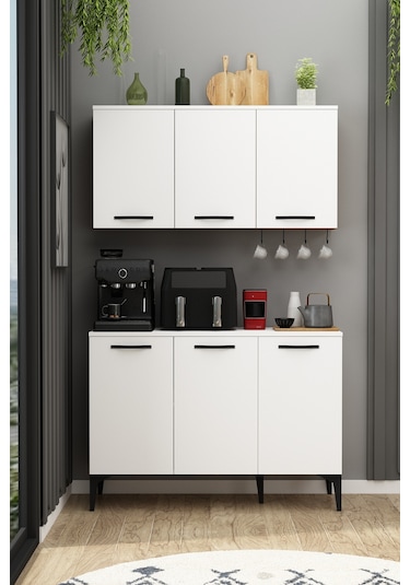 İva Kahve Köşesi Fırınlı Airfry Dolabı Takımı Askılı Çok Amaçlı Erzak Dolabı Beyaz Beyaz