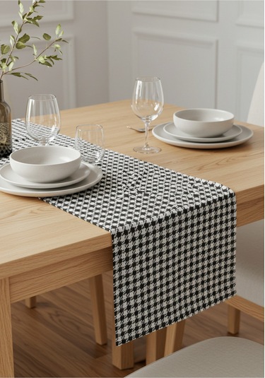 Siyah Beyaz Kazayağı Şık Masa Runnerı 50x150 Cm Modern Ve Zarif Masa Örtüsü Runner Siyah Beyaz Kazayağı