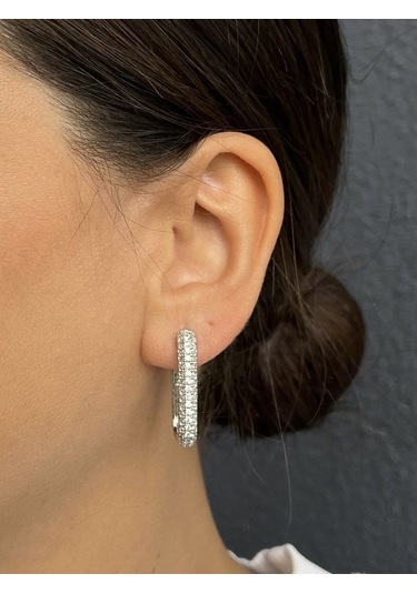 Gümüş Renkli Taşlı Dikdörtgen Küpe