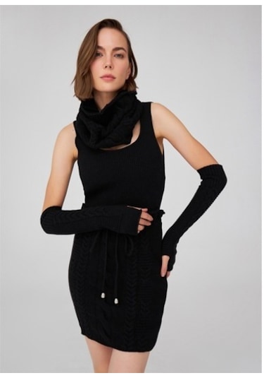 Peraluna Saç Örgü Desenli Kadın Triko Etek Siyah