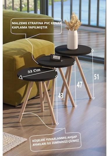 2'li Zigon Sehpa Seti Saksılık Ve Çiçeklik Standı, Dekoratif Yan Sehpa Ahşap Ayaklı 33 Cm Çap - Siyah Siyah