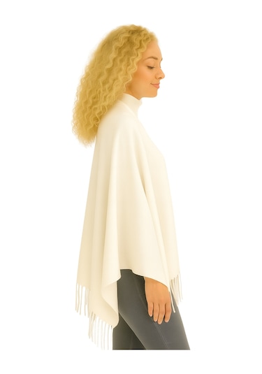 1 Adet Kadın Büyük Bedene Uygun Ekstra Yumuşak Dokulu Püskül Detaylı Kışlık Atkı Omuz Şalı Krem