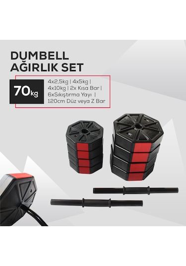 Tan Spor 70 KG Dambıl Halter Ağırlık Fitness Düz Bar Seti Kırmızı Kapaklı 150 CM