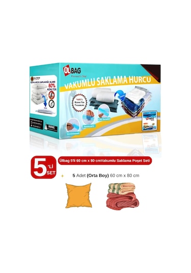 5'li Vakumlu Poşet Seti 60 Cm X 80 Cm Yastık, Elbise Ve Battaniye Vakumlu Hurç Şeffaf