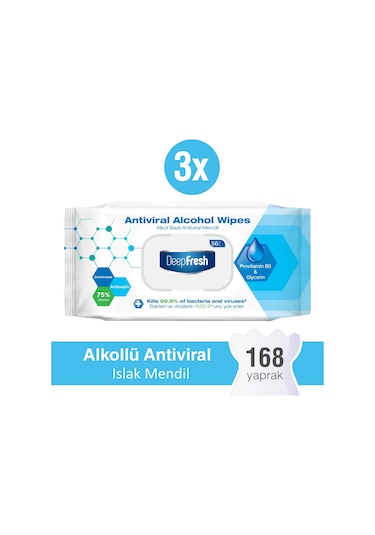 Deep Fresh Alkollü Antiviral Islak Mendil 3'Lü Paket 168 Yaprak