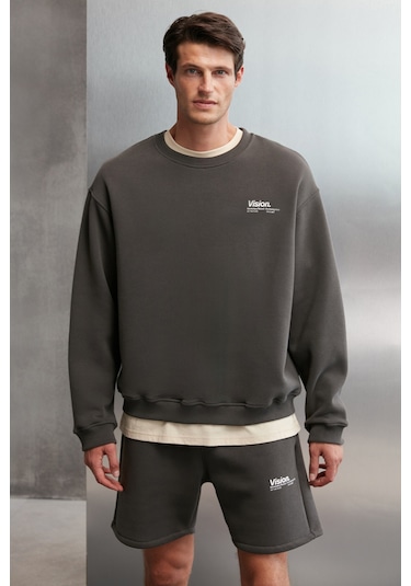 Ernest Erkek Yumuşacık Kumaşlı Oversize Fit Yuvarlak Yakalı Baskılı Gri Sweatshirt