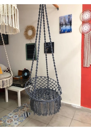 Aslanbutik Makrome Özel Örgü Burgu Halatlı Gri Salıncak Hamak Gri