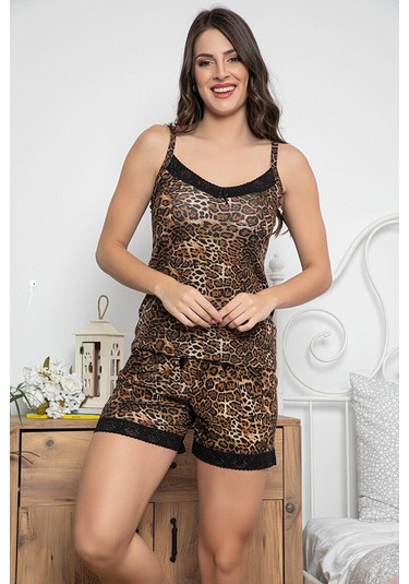 Kadın Leopar Desenli Büstiyerli Dantel Detaylı Şortlu Pijama Takımı 20000 Kahverengi