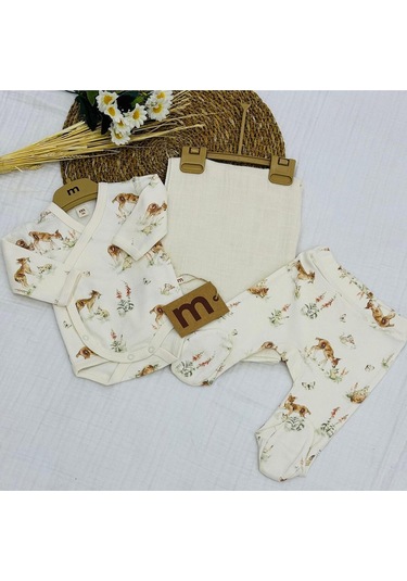 Minisse Baskılı Çıtçıtlı Badi, Alt Ve Müslin Battaniyeli Yenidoğan Bebek 3lü Set Geyik