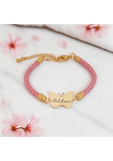 Archin Vildan İsmine Özel Doğal Pembe Derili Kelebek Motifli 14 Ayar Altın Plakalı Hediye Bileklik-429isim Vildan