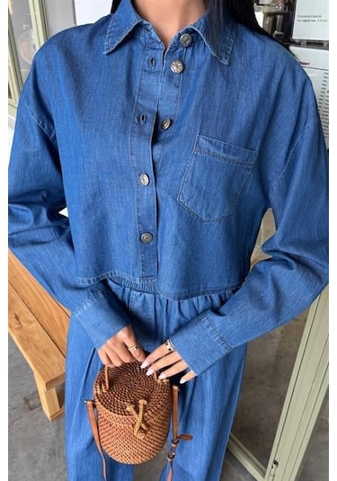 Denim Gömlek Plazzo Pantolon Takım 10163-08 Deni M