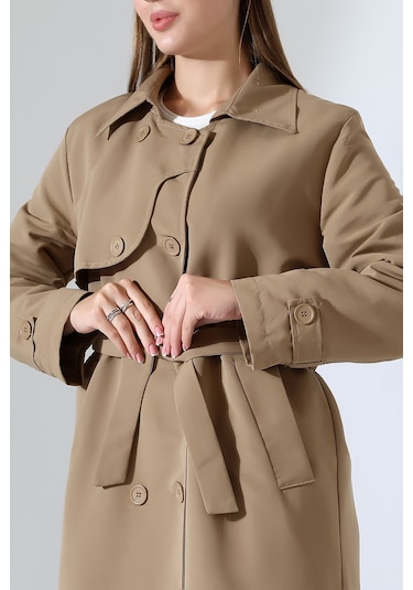 Amazon Keten Kumaş Uzun Boy Düğmeli Astarlı Yumuşak Dokulu Trenç Kot Vizon Vizon