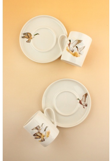 Su Kuşları İki Kişilik Porselen Kahve Fincan Takımı Beyaz