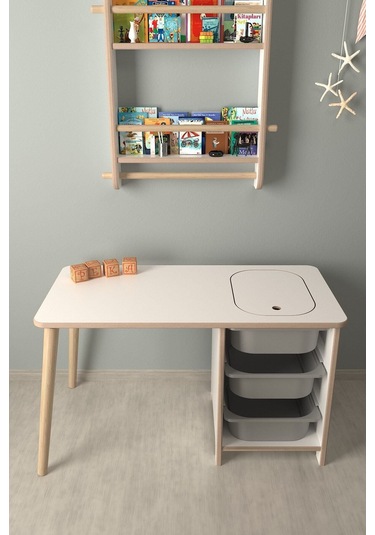 Çocuk Oyun Ve Aktivite Masası - Gri Sepetli Beyaz-gri