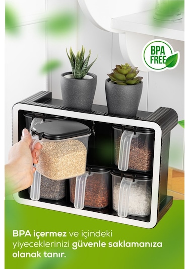 Vienev 6lı 500 Ml Standlı Kendinden Yapışkanlı Kaşıklı Baharatlık Seti Antrasit