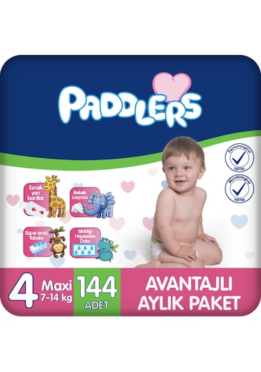 Paddlers Bebek Bezi 4 Numara Maxi (7-14 Kg) 144 Adet – Aylık Paket