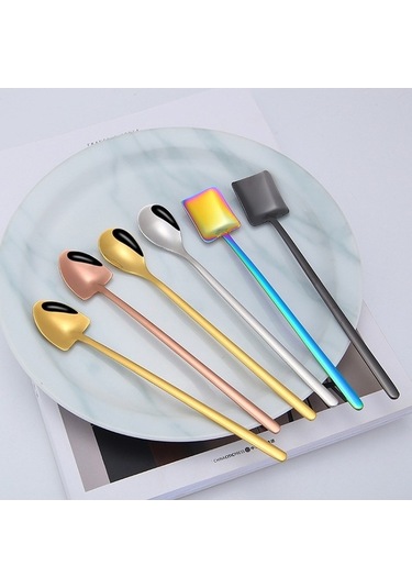 Dancemonkey Yaratıcı Ahşap Kaşık 2 Adet Paslanmaz Çelik Kahve Bar Buz Kaşığı Metal