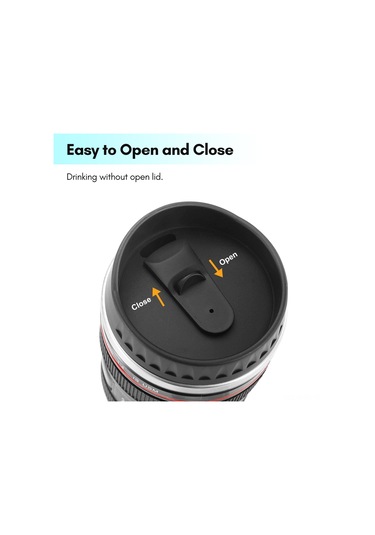 Honmex Kamera Lens Desenli 400ml Paslanmaz Çelik Termos Bardak, Dökülürsüz, Kahve/çay İçin Siyah Siyah