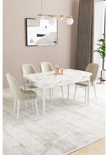 Sar Pakete Almira Serisi, Beyaz Mermer Desen 80x132 Açılabilir Mdf Mutfak Masası Takımı 4 Adet Sandalye Krem