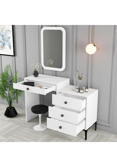 Lizbon Makyaj Masası Aynalı - Beyaz / Beyaz