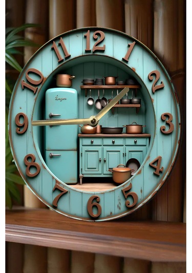 Retro Mutfak Temalı Çift Katmanlı Mdf Duvar Saati 33 Cm 3d Görünümlü 2d Hd Baskı Sdw361 Renkli