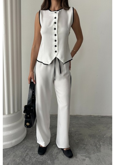Keten Kenarları Biyeli Yelek - Pantolon Takım - Beyaz Beyaz