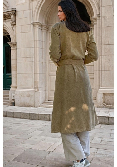 Karamel, Şal Yaka, Cepli, Kuşak Detaylı, Astarsız, Uzun Kaban Sütlü Kahverengi