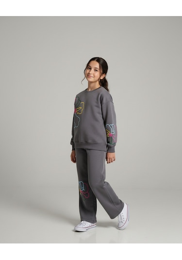 Kız Çocuk Çiçek Nakışlı 3 İplik Şardonlu Eşofman Takımı Gri