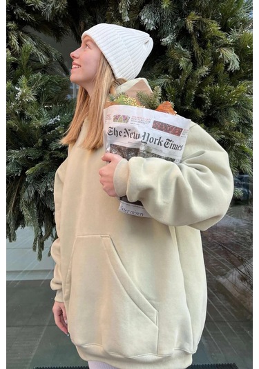 Madmext Bej Kapüşonlu Şardonlu Oversize Sweatshirt Mg1566 Bej