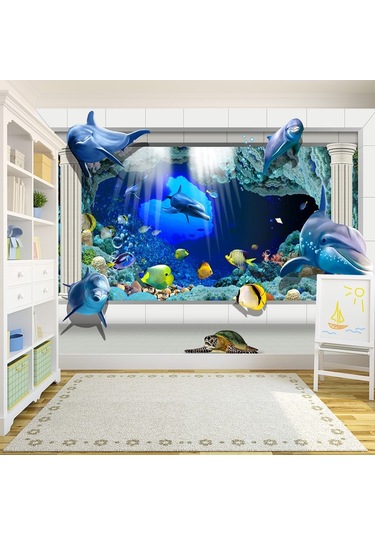 3D Yunuslar Sualtı Duvar Kağıdı