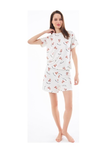 Premium Yazlık Şortlu Kadın Pijama Takımı Ayıcık Desenli Yumuşak Dokulu Bisiklet Yaka Kısa Kollu Krem