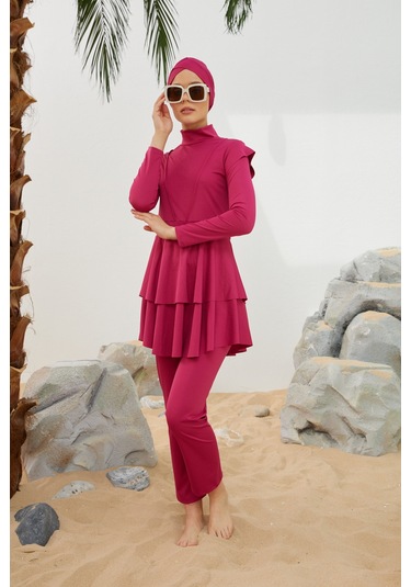 Likralı Tam Kapalı Tesettür Mayo Deniz Mayosu Fırfır Detaylı T223-46 Fuşya Fuşya