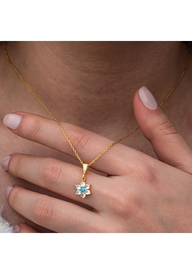 Blackcraft Gümüş Mavi Taşlı Gold Çiçek Kadın Kolye Bc-e74b06 Renkli