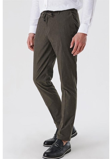 Koyu Vizon Çizgili Armürlü % 100 Pamuk Yan Cep Slim Fit Dar Kesim Casual Pantolon 1003230159-koyu Vizon Koyu Vizon