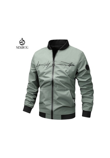 Erkekler İçin Bol Dik Yaka İşlemeli Beyzbol Ceketi Yeşil