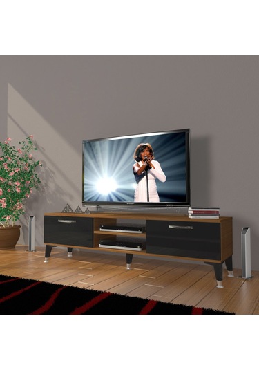 Decoraktiv Eko 140 Mdf Dvd Silver Tv Ünitesi Tv Sehpası - Parlak Beyaz Ceviz - Siyah