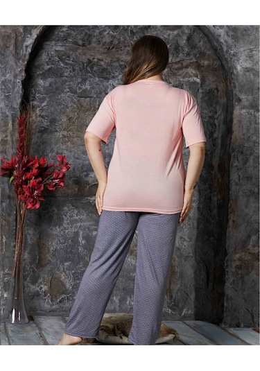 Lukitus Büyük Beden Battal Kısa Kol Bambu Kadın Pijama Takımı Gri