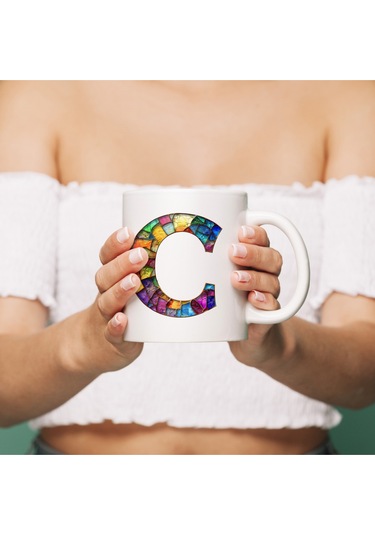 C Harfi Bardak 330 Ml İsme/harfe Özel Hediye, Renkli Harf Tasarım Beyaz