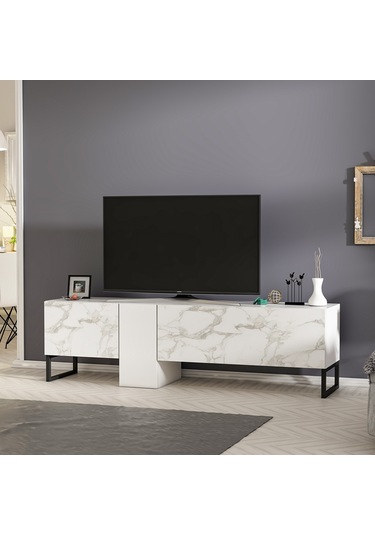 T0016 Kapaklı, Metal Ayaklı, Tv Sehpası, Tv Ünitesi - Beyaz/beyaz Mermer Beyaz/beyaz Mermer