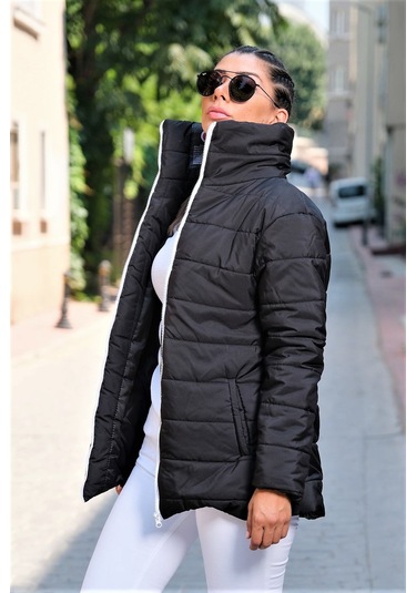 Kadın Siyah Dik Yaka Su Geçirmez Uzun Şişme Mont
