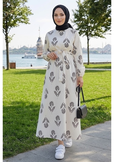 Bestenur Mayra Desenli Keten Elbise 1717 - Siyah