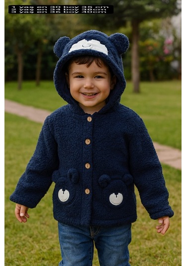 1-3 Yaş Kuzu Welsoft Kapşonlu Nakışlı Hırka Lacivert