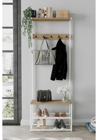 Ruby Vestiyer , Portmanto , Askılık , 3 Raflı Ayakkabılık , Beyaz Metal - Atlantik Çam Tabla