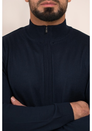 Woolen World Regular Fit Dik Yaka İnce Baharlık Triko Hırka Lacivert