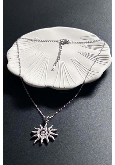 Zirkon Taşlı, Güneş Figürlü Paslanmaz Çelik Kolye 414, Gümüş Renk Gümüş