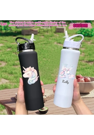 Trendooze Sunshine022 25oz Unicorn Vakum Termos, Kişiselleştirilebilir Uv Baskılı Tasarım, Özel İsimli Matara, Okul-dış Mekan Beyaz