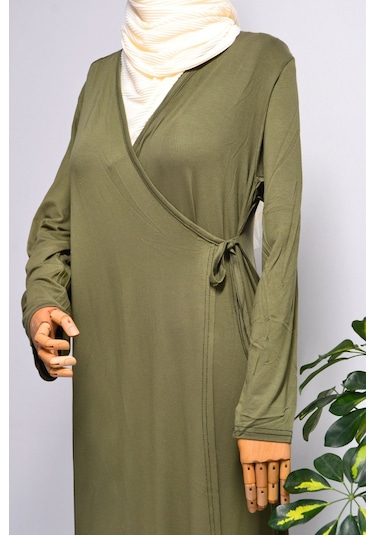 Kadın Yandan Bağlamalı Pamuklu Penye Namaz Elbisesi 38-48 Beden Yeşil